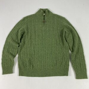 J Crew Sweater Mens Medium Green Lambswool Cable Knit 1/4 Zip Pullover Mock Neck